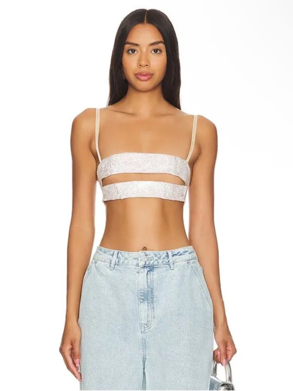 CULTNAKED Highlight Borderline Crystal Rhinestone Crop Bra Top in Beige Large